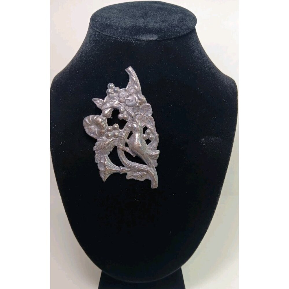 Vintage Brooch Art Nouveau Silver Repousse Floral Hummingbird Collectible